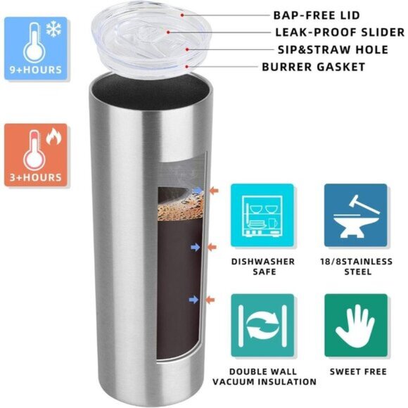 20 oz Stainless Steel Skinny Tumbler Insulated, Slim & Craft-Ready with Lid - Picture 3 of 5